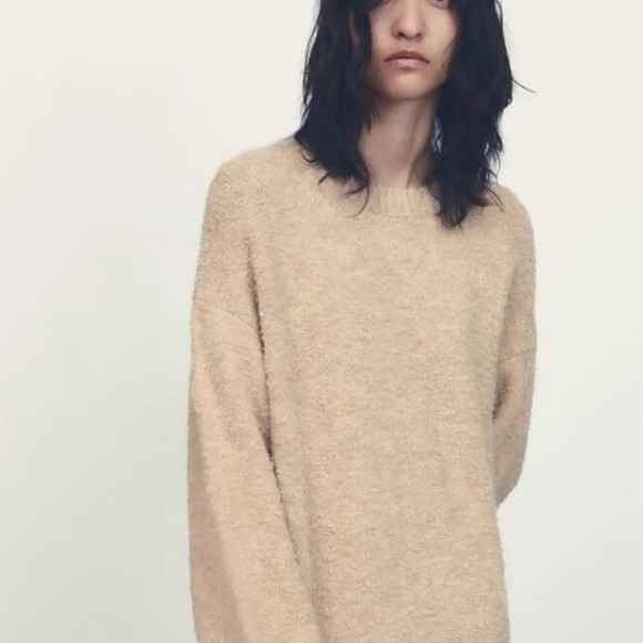 Zara Boucle Fuzzy Knit Sweater Oversized Sand Size Small - Picture 2 of 9